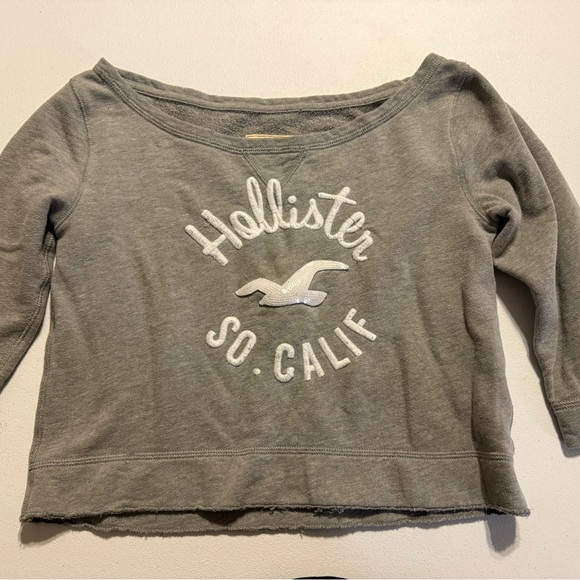 VTG Hollister Cropped Sequins Seagull Embroidered Grey 3/4 Sleeve Pullover - Picture 1 of 7
